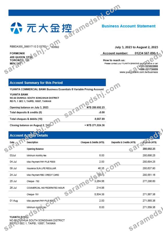 Yuanta Securities Bank organization account statement Word and PDF template